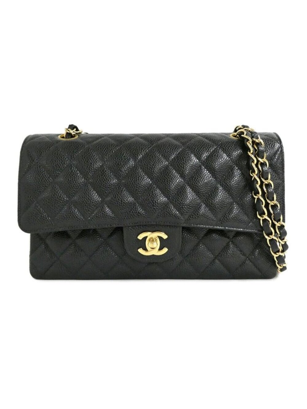 Chanel Quilted 25 Double Flap Chain Shoulder Bag Caviar Leather Black